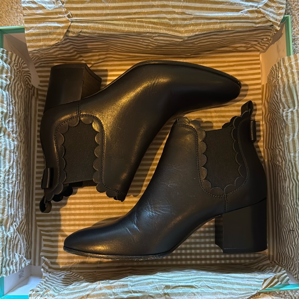 Kate Spade “Garden” black leather ankle boots, size 6